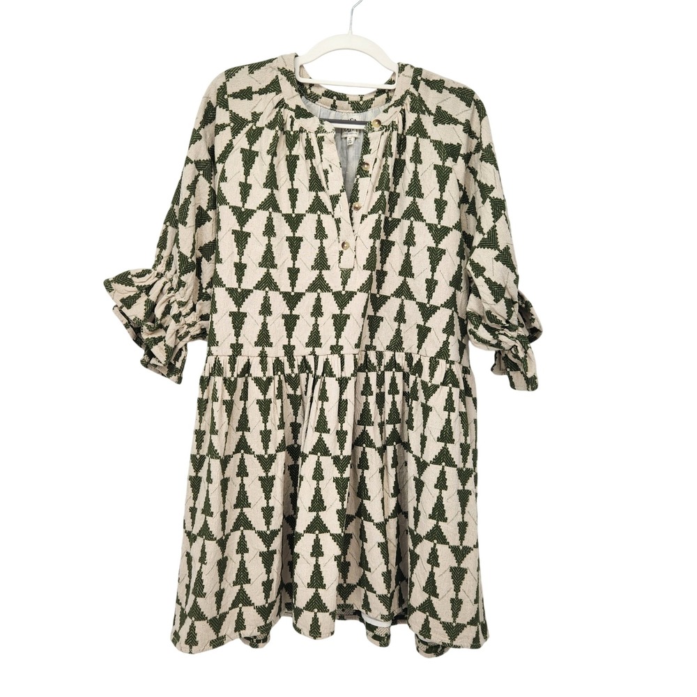dRA Los Angeles Green Geometric Jacquard Cotton Baby-doll Mini Dress Women's M